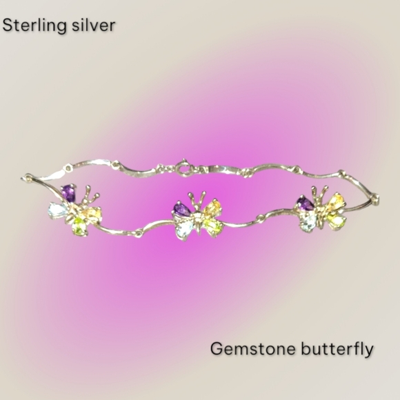 925 signed Prongset gemstone Sterling butterfly genuine Silver bracelet 7in Gift - Picture 5 of 16